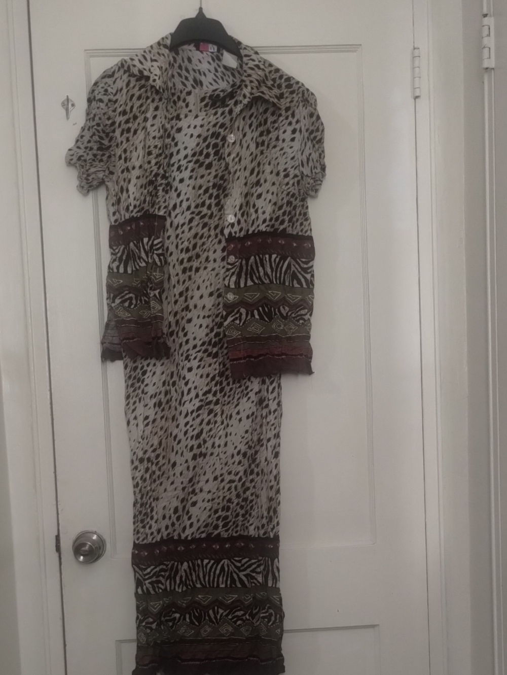 Button-Front Animal Print Maxi Dress in Ivory and Brown Accents